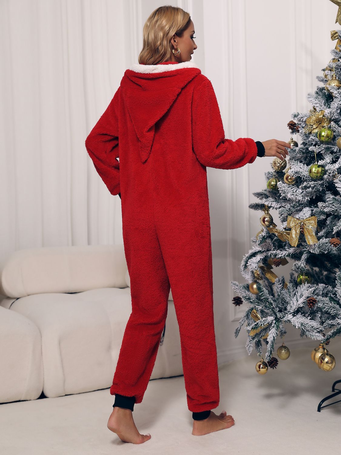 Zip Front Long Sleeve Hooded Teddy Lounge Jumpsuit | Maekery Studio