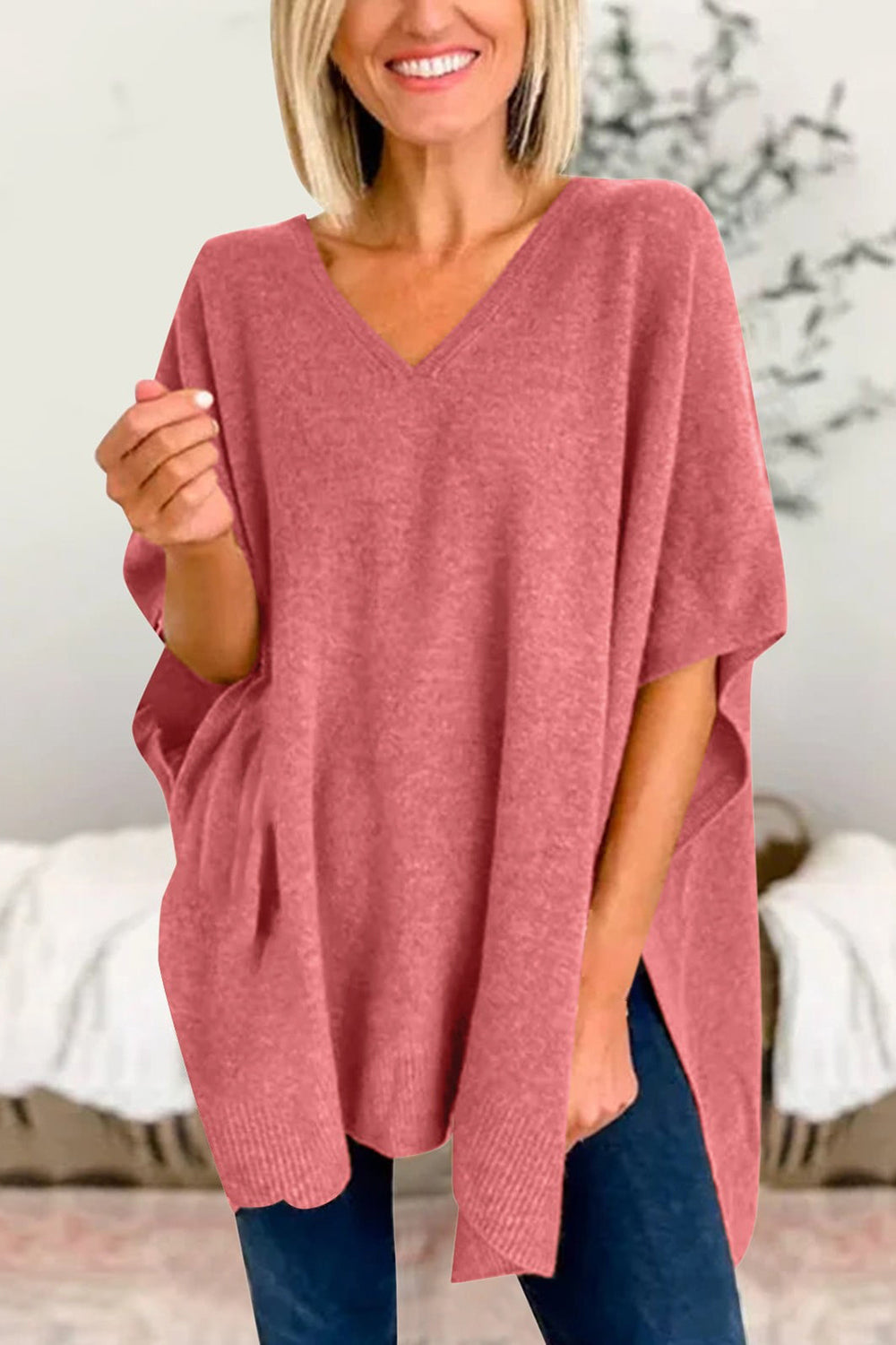 Slit V-Neck Half Sleeve Knit Top | Maekery Studio