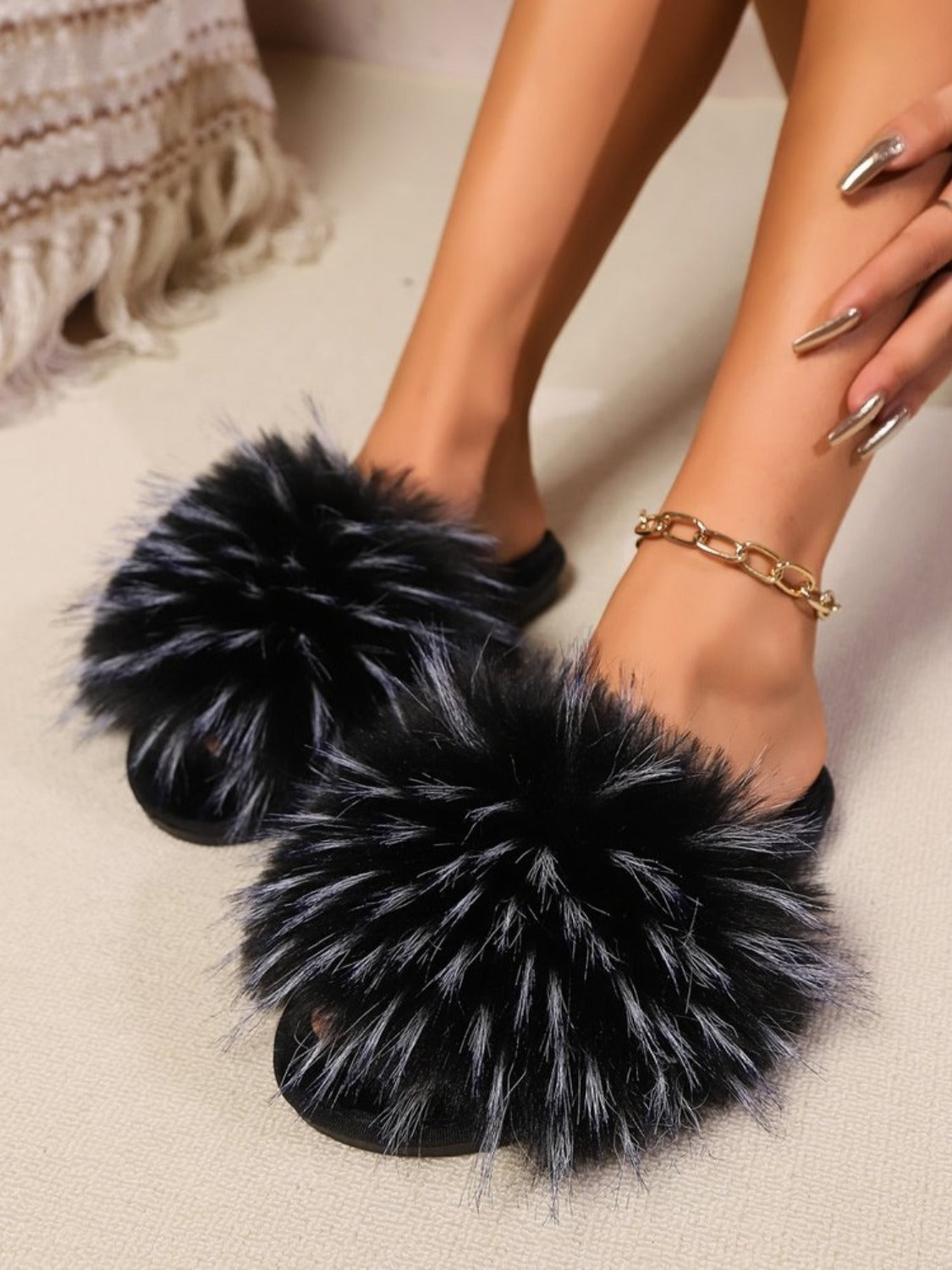 Fuzzy Open Toe Flat Sandals | Maekery Studio