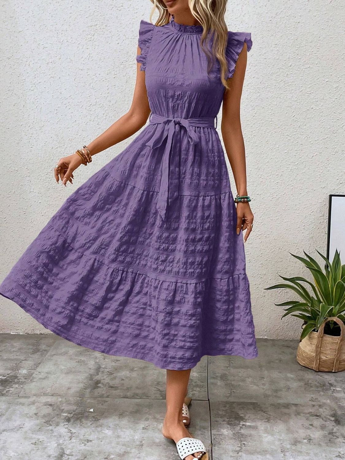 Tied Ruffled Cap Sleeve Midi Dress | Maekery Studio