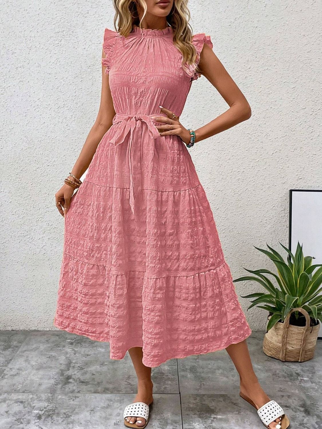 Tied Ruffled Cap Sleeve Midi Dress | Maekery Studio