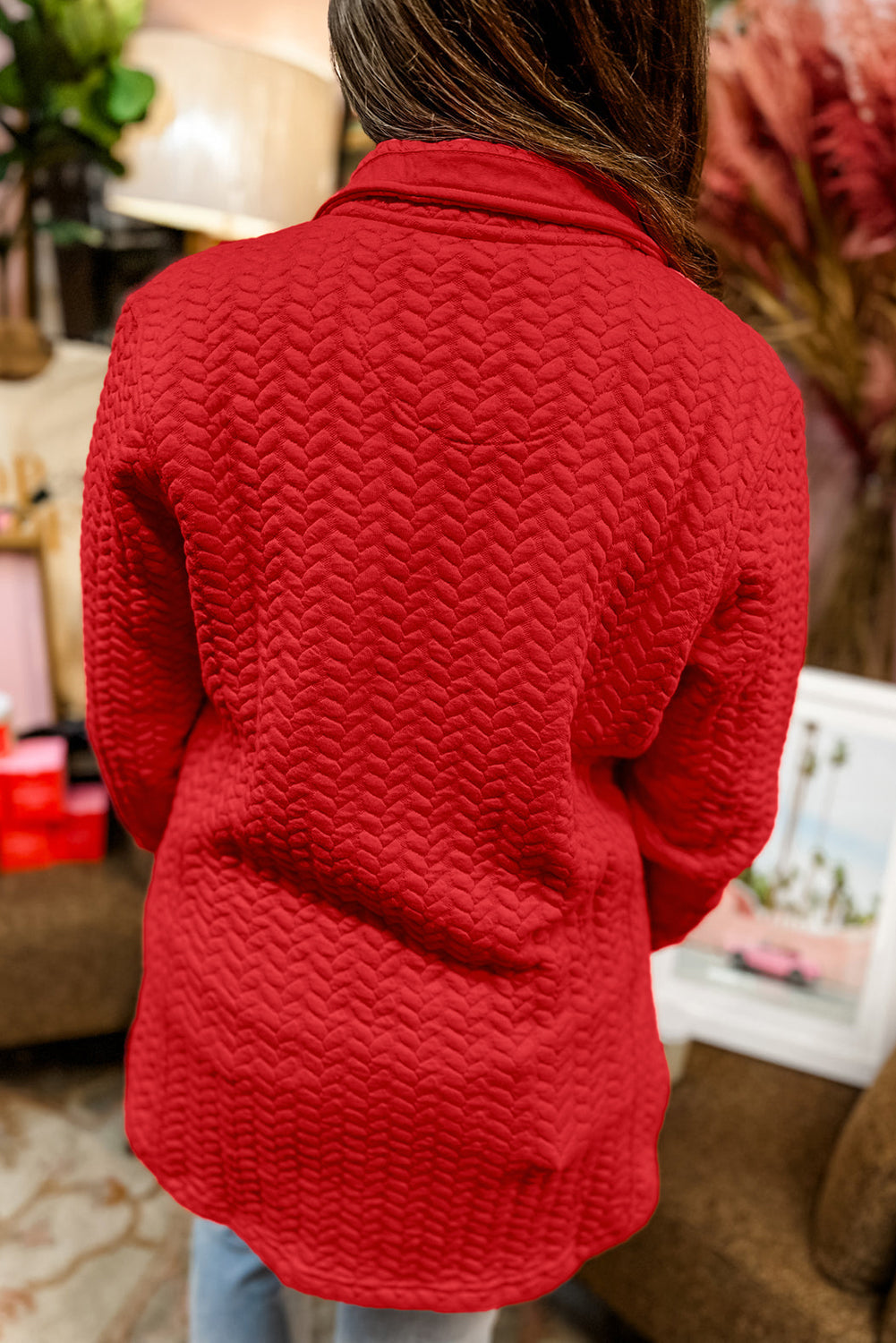 Tomato Red Textured Quarter Zip Plus Size Pullover | Maekery Studio