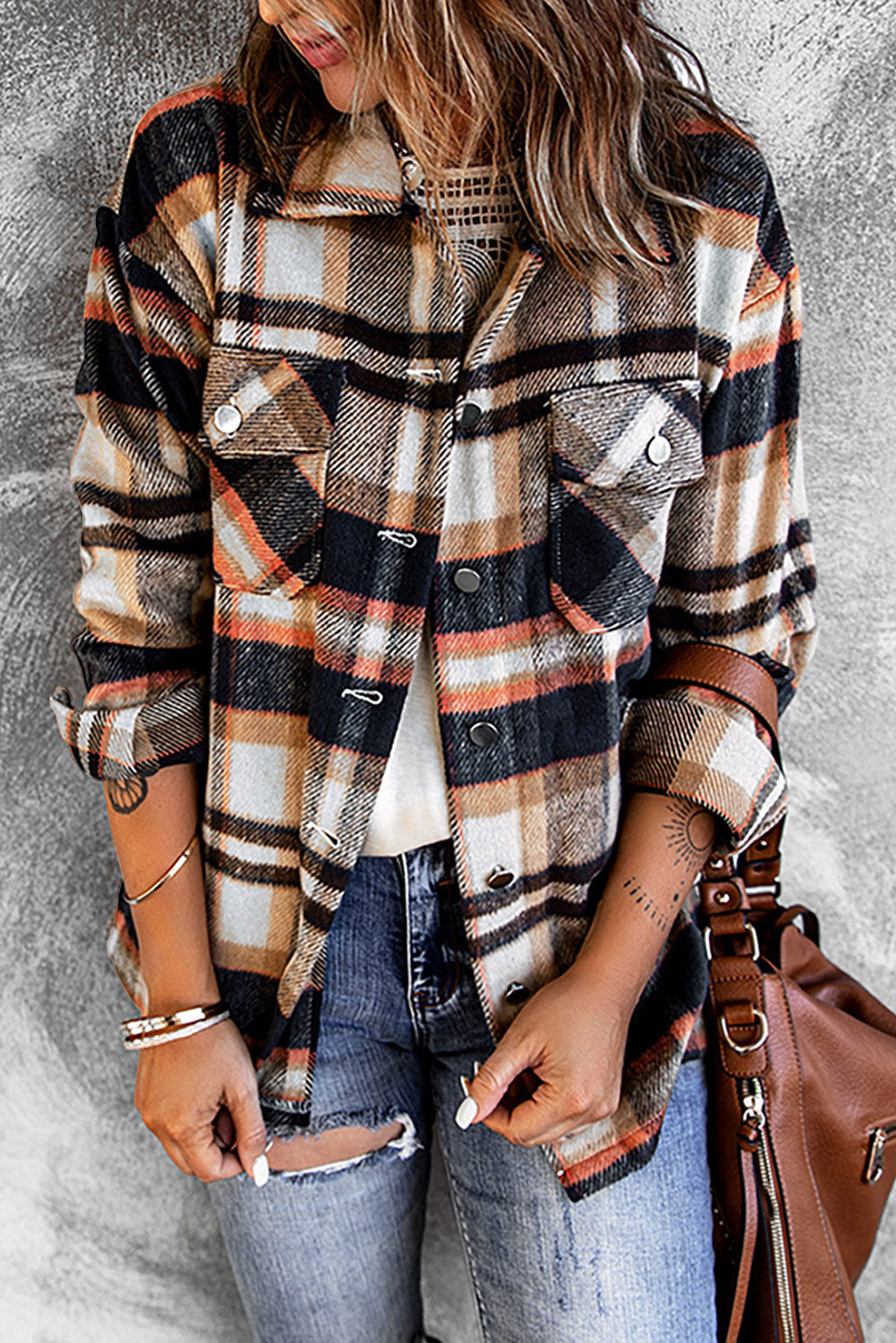 Plaid Button Front Shirt Jacket with Breast Pockets | Maekery Studio