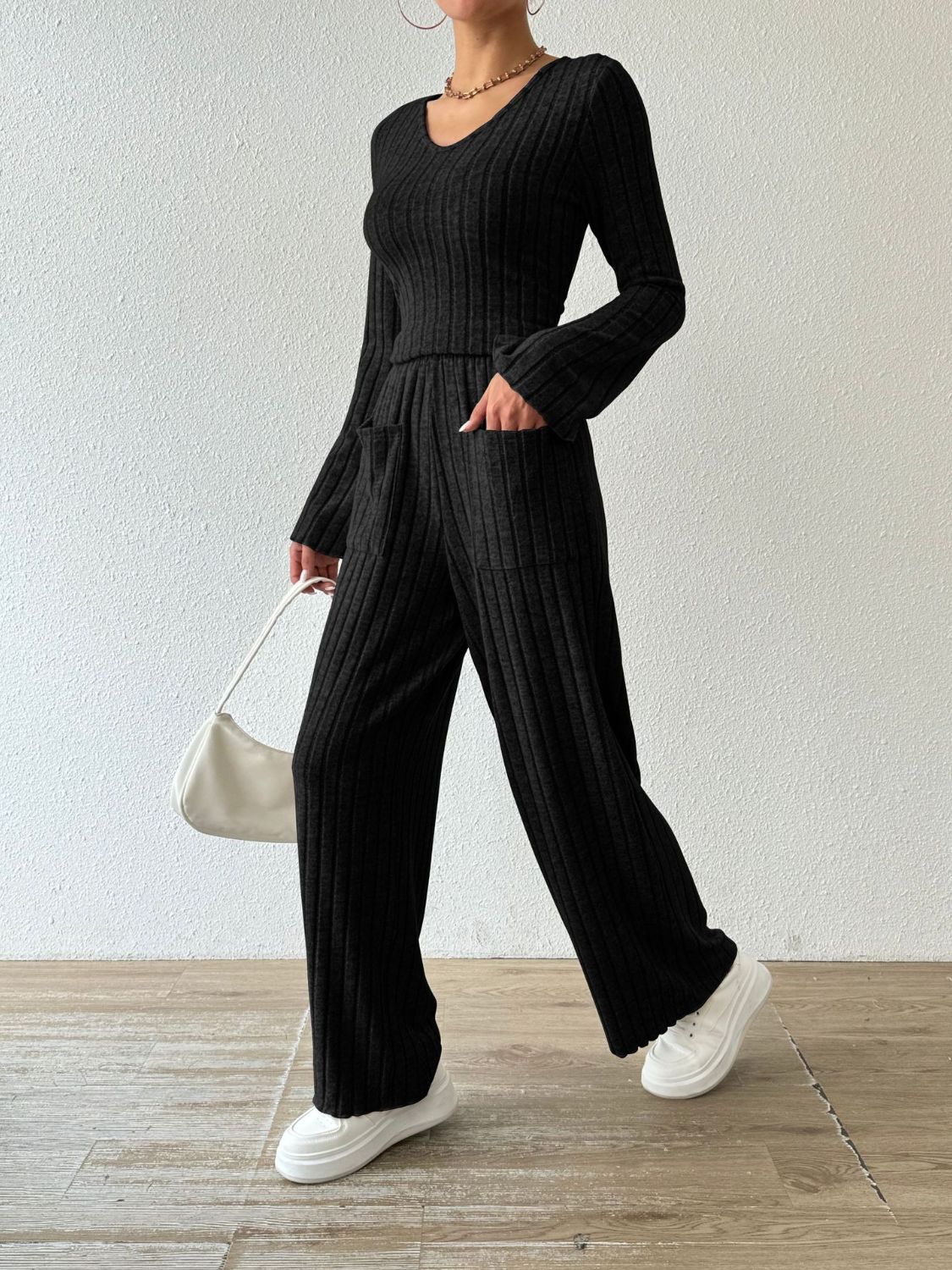 Ribbed V-Neck Long Sleeve Top and Pocketed Pants Set | Maekery Studio