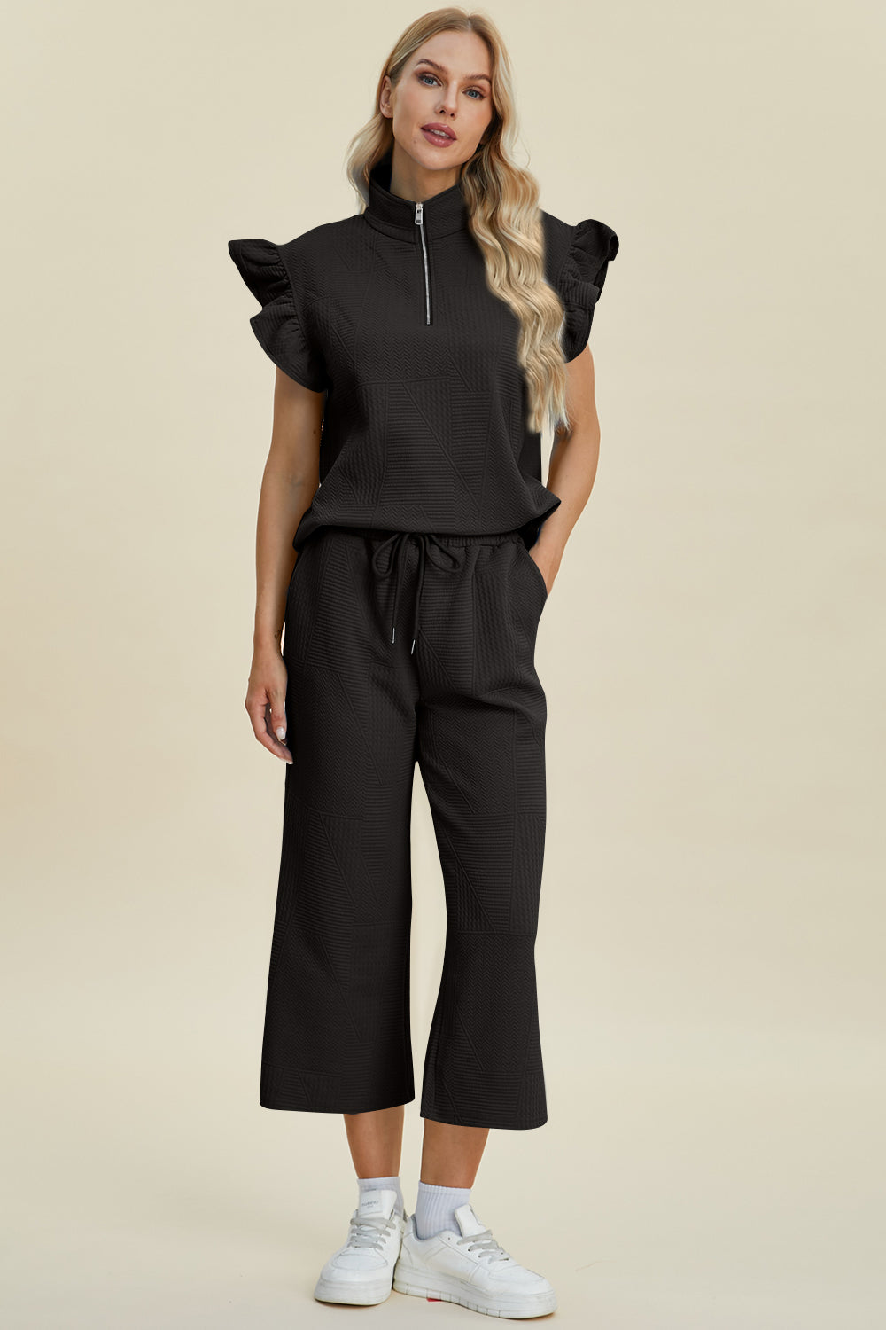 Double Take Full Size Texture Ruffle Short Sleeve Top and Wide Leg Pants Set | Maekery Studio