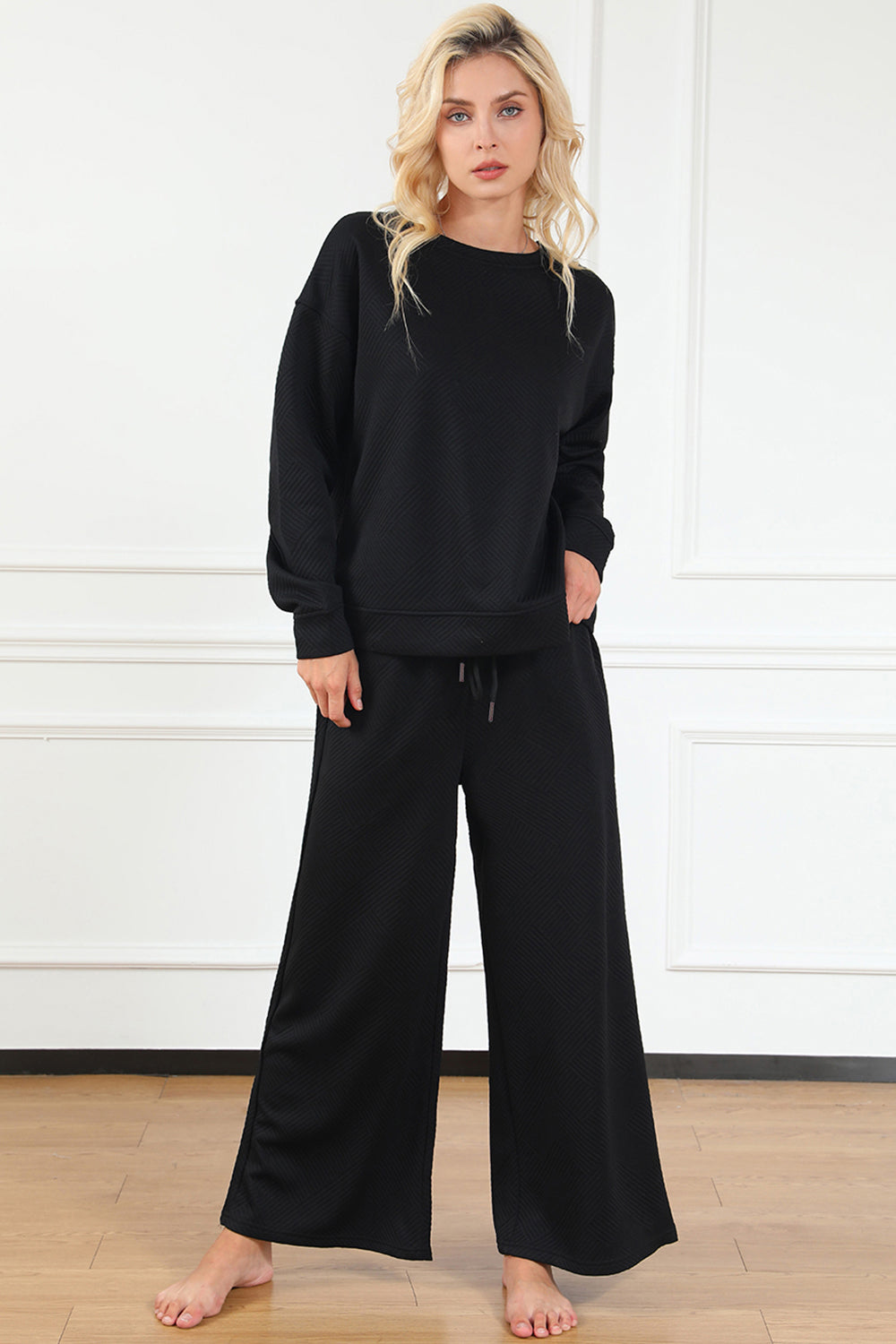 Double Take Full Size Textured Long Sleeve Top and Drawstring Pants Set | Maekery Studio