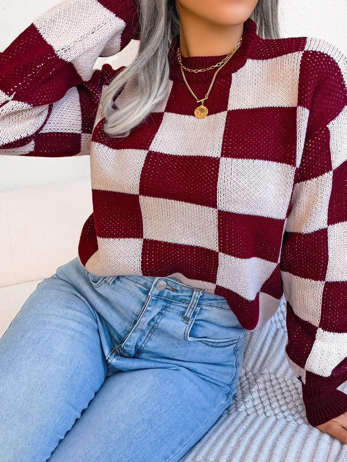 Checkered Mock Neck Long Sleeve Sweater | Maekery Studio