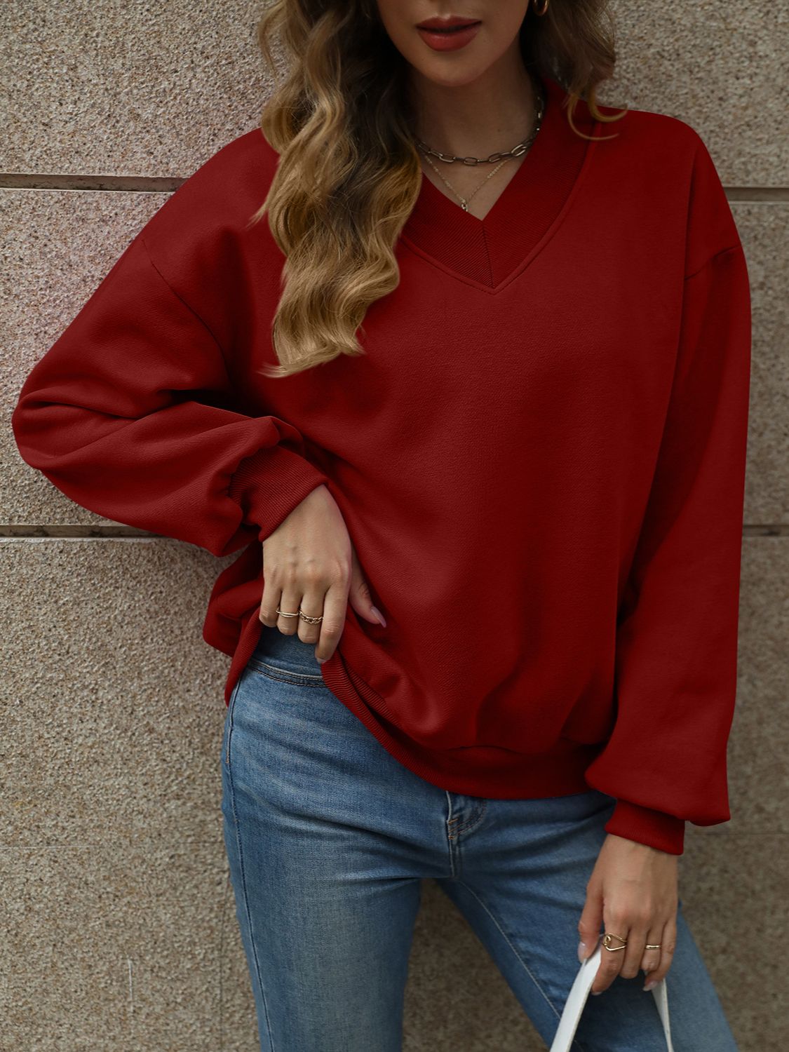 V-Neck Long Sleeve Dropped Shoulder Sweatshirt | Maekery Studio