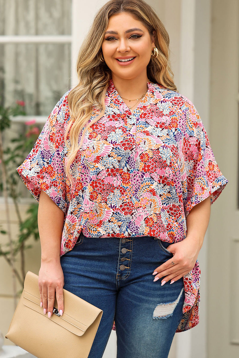 Plus Size Printed Notched Neck Half Sleeve Top | Maekery Studio