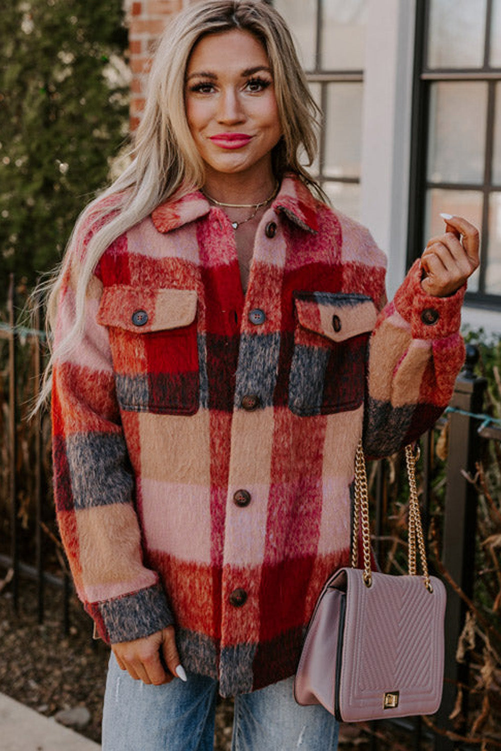 Orange Plaid Print Flap Pockets Buttoned Plus Size Jacket