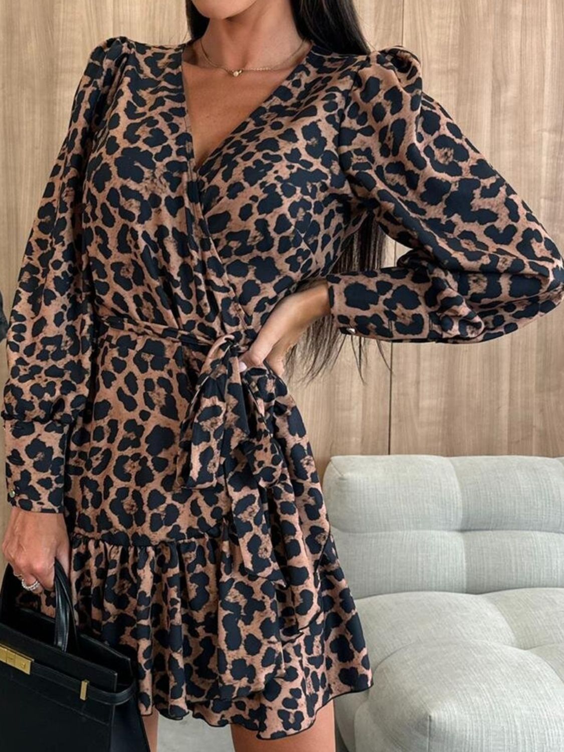 Tied Leopard Surplice Long Sleeve Dress | Maekery Studio