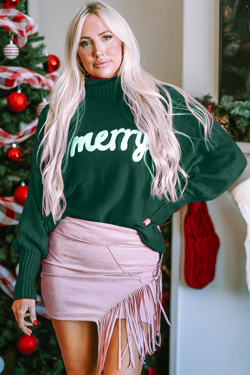 Double Take Full Size Merry Christmas Turtleneck Long Sleeve Sweater | Maekery Studio