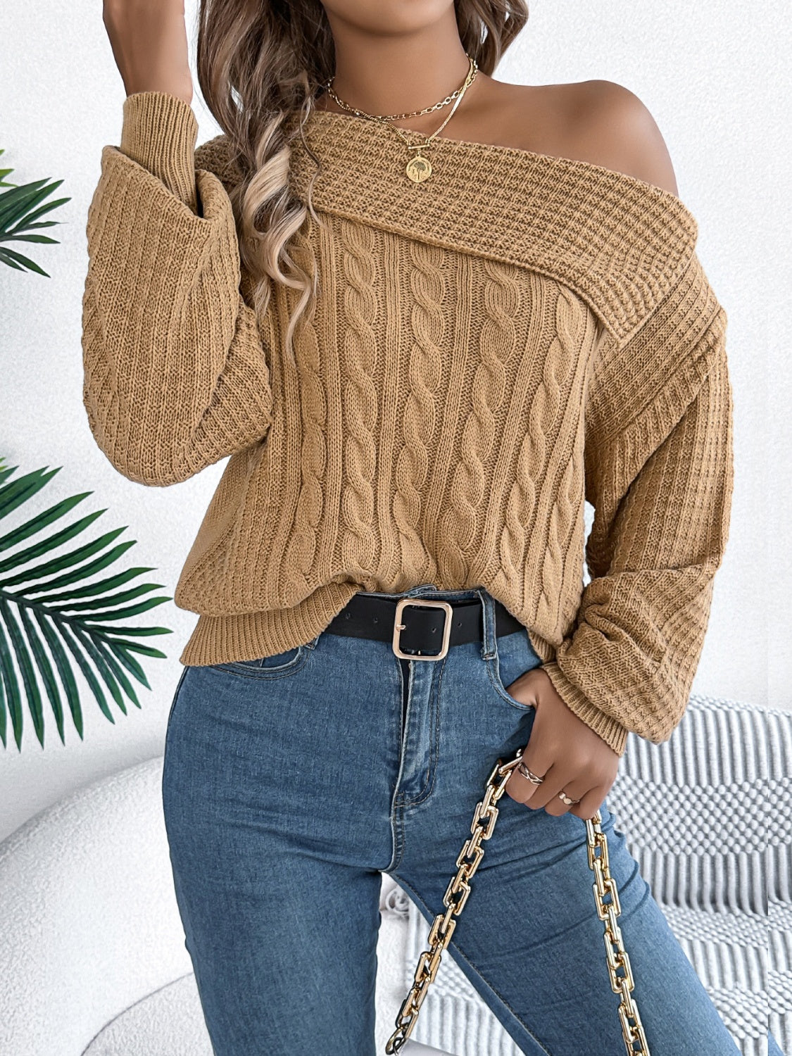 Cable-Knit One Shoulder Long Sleeve Sweater | Maekery Studio