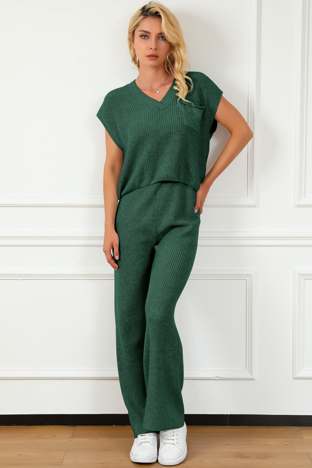 Pocketed V-Neck Top and Wide Leg Sweater Set | Maekery Studio