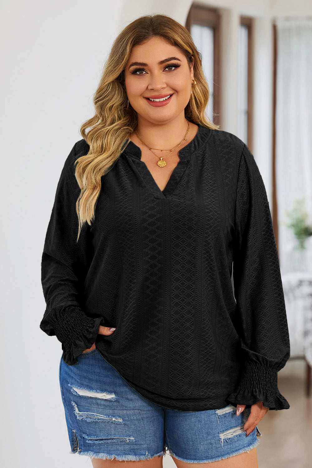 Plus Size Eyelet Notched Flounce Sleeve Blouse | Maekery Studio