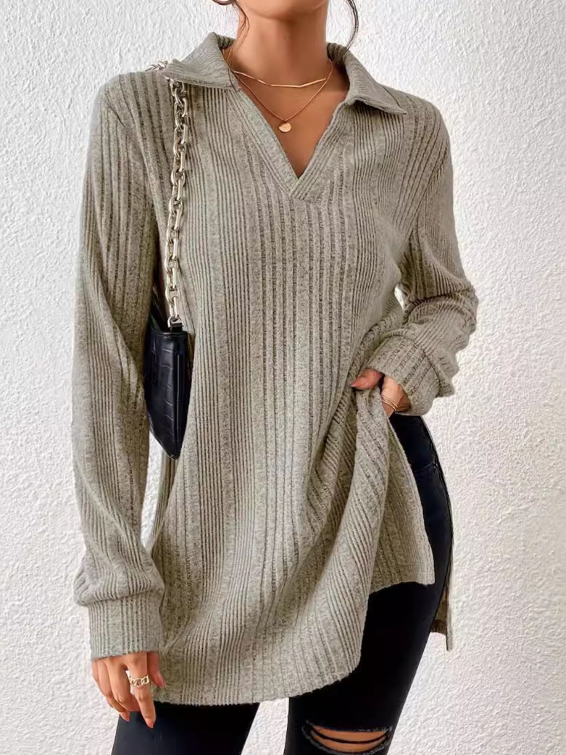 Slit Johnny Collar Long Sleeve Top | Maekery Studio