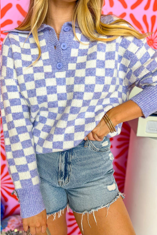 Purple Checkered Collared Buttons Plus Size Sweater | Maekery Studio