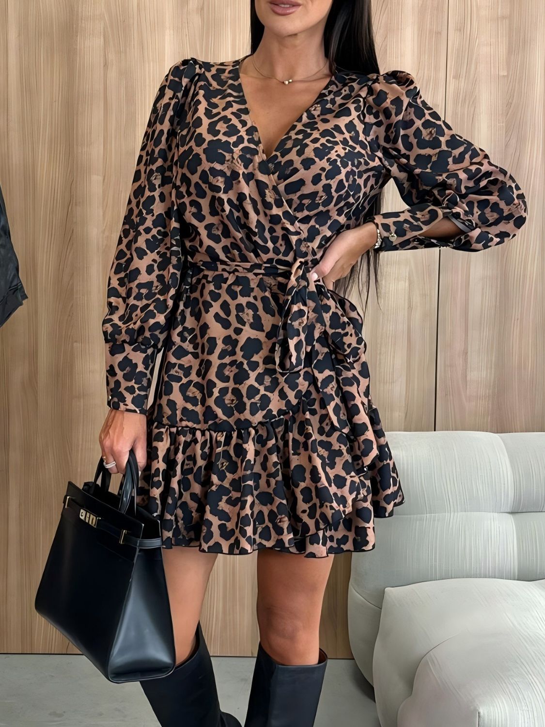 Tied Leopard Surplice Long Sleeve Dress | Maekery Studio