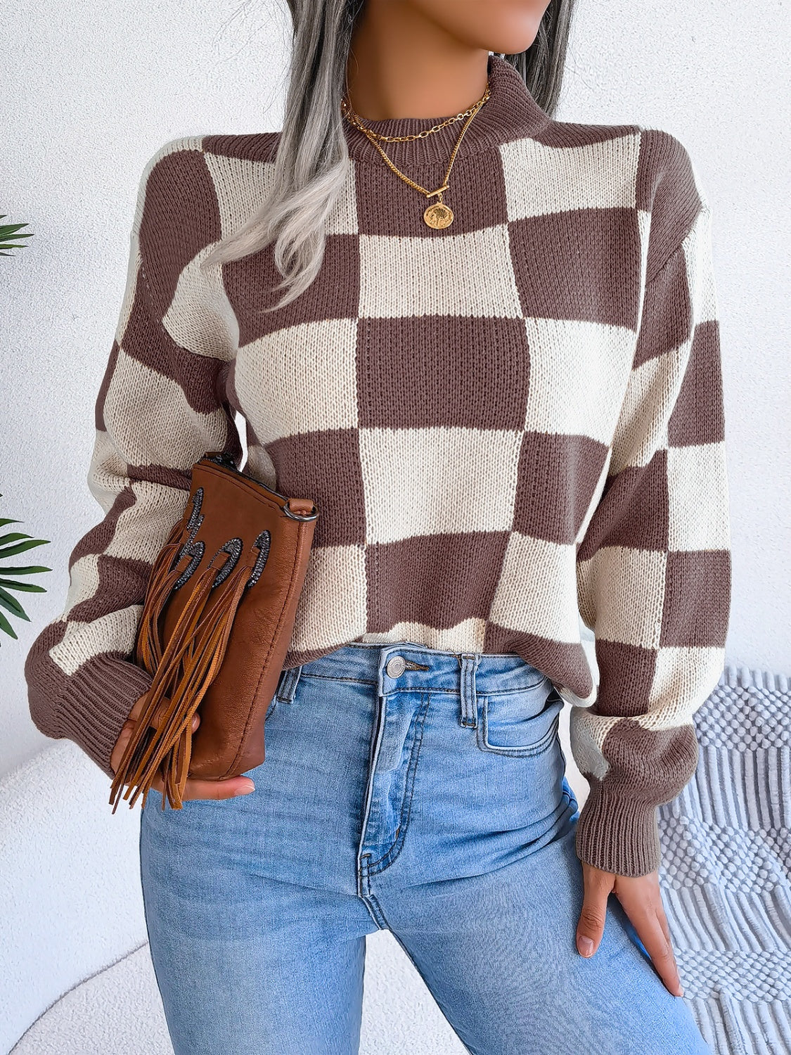 Checkered Mock Neck Long Sleeve Sweater | Maekery Studio