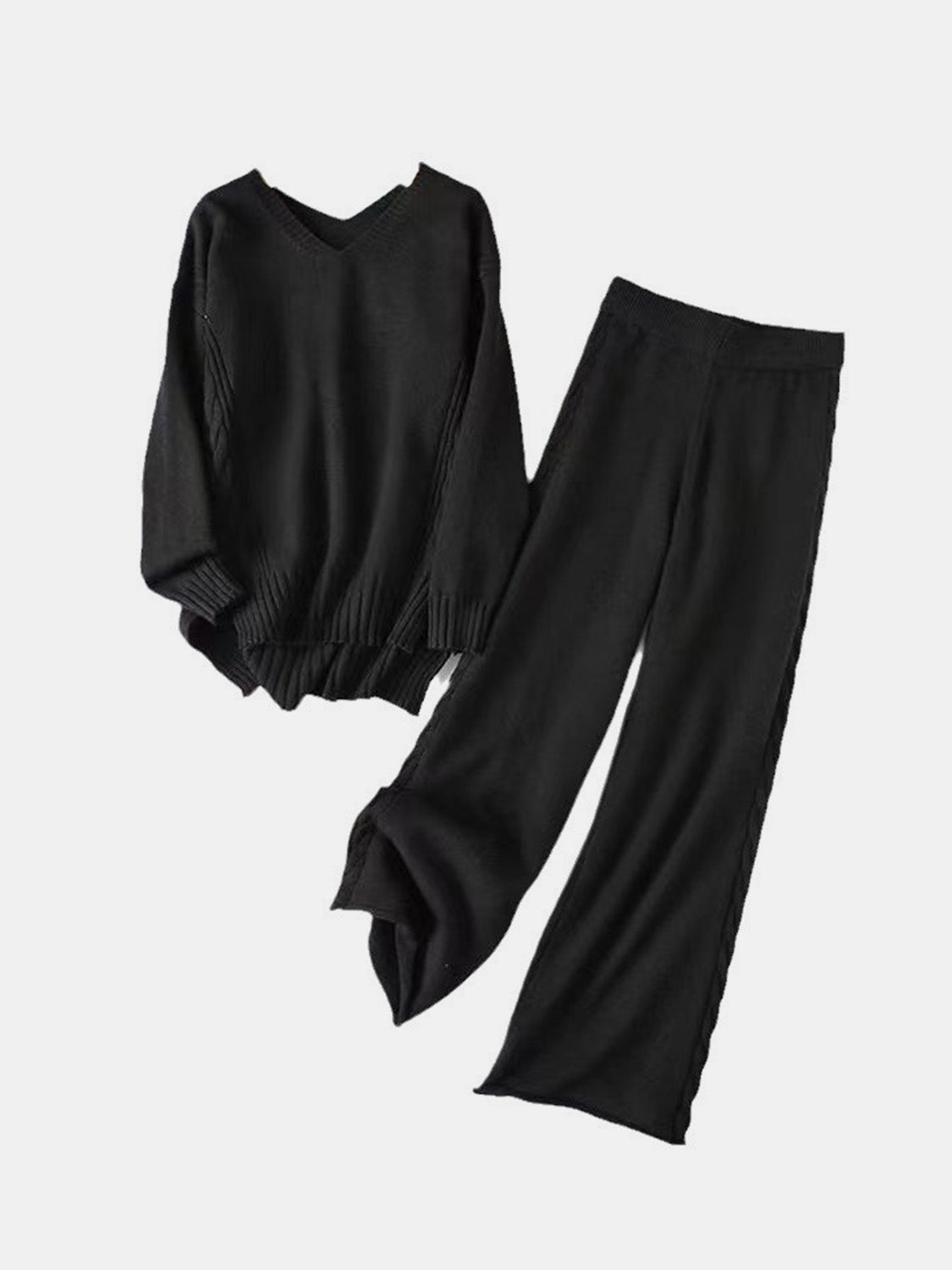 Slit V-Neck Long Sleeve Top and Pants Sweater Set | Maekery Studio