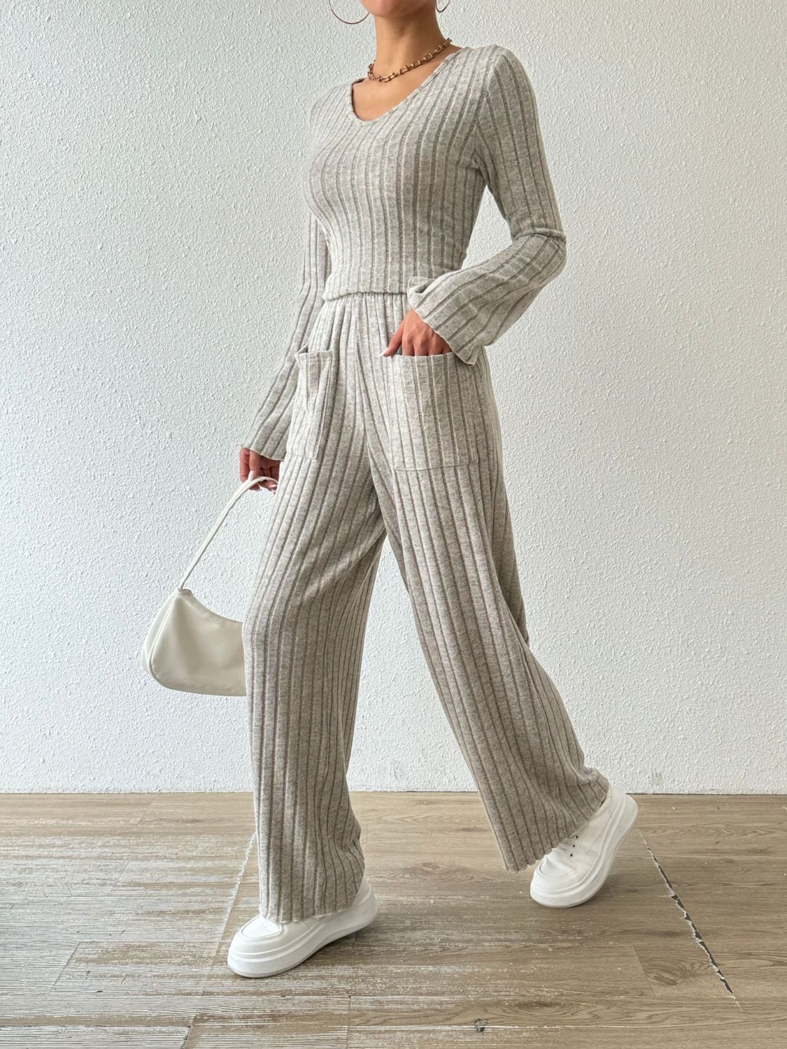 Ribbed V-Neck Long Sleeve Top and Pocketed Pants Set | Maekery Studio