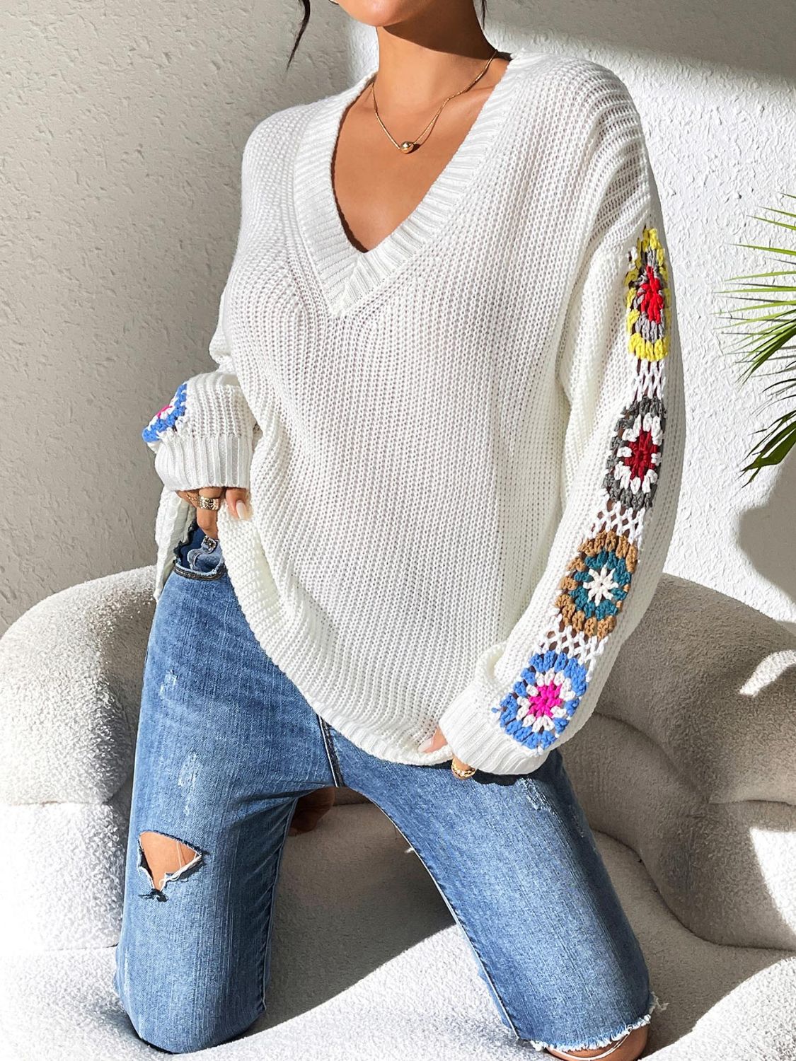 Crochet Flower V-Neck Sweater | Maekery Studio