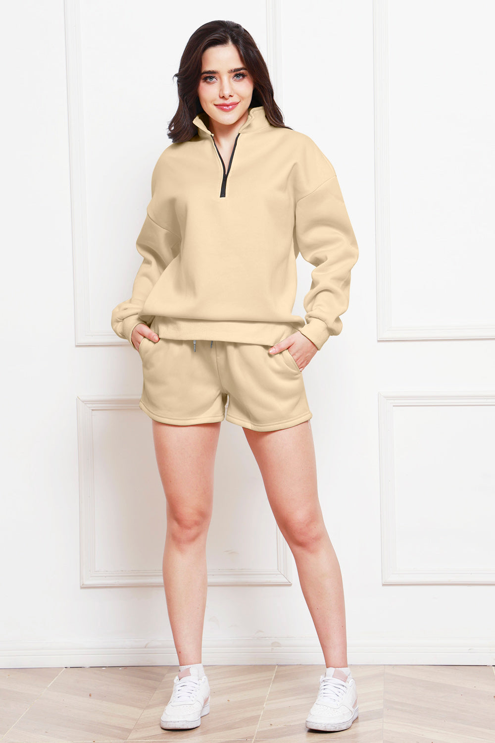 Half Zip Long Sleeve Sweatshirt and Drawstring Shorts Set | Maekery Studio