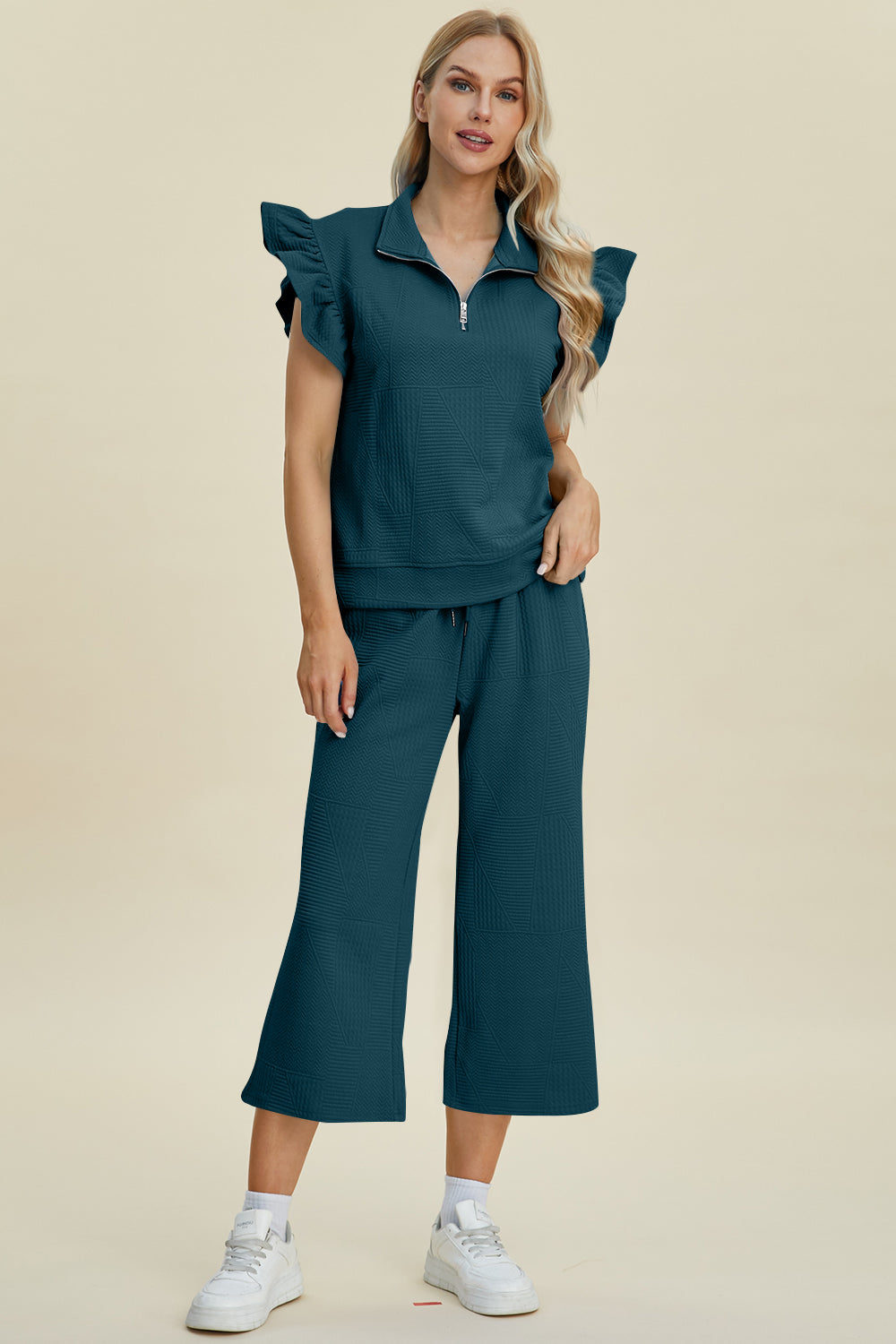 Double Take Full Size Texture Ruffle Short Sleeve Top and Wide Leg Pants Set | Maekery Studio