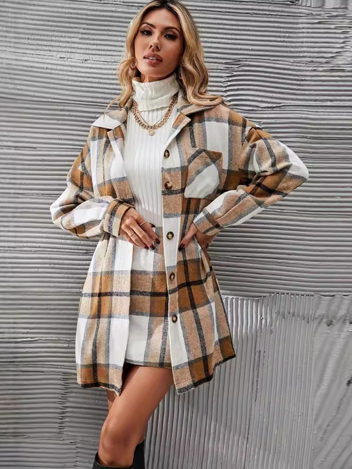 Plaid Button Up Long Sleeve Coat and Skirt Set | Maekery Studio