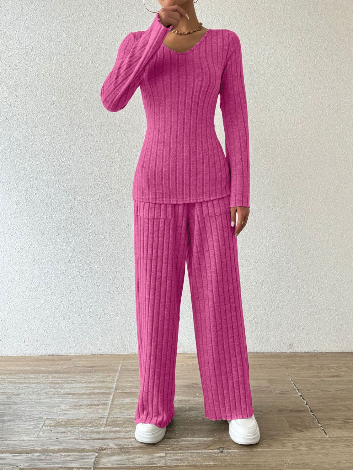 Ribbed V-Neck Long Sleeve Top and Pocketed Pants Set | Maekery Studio