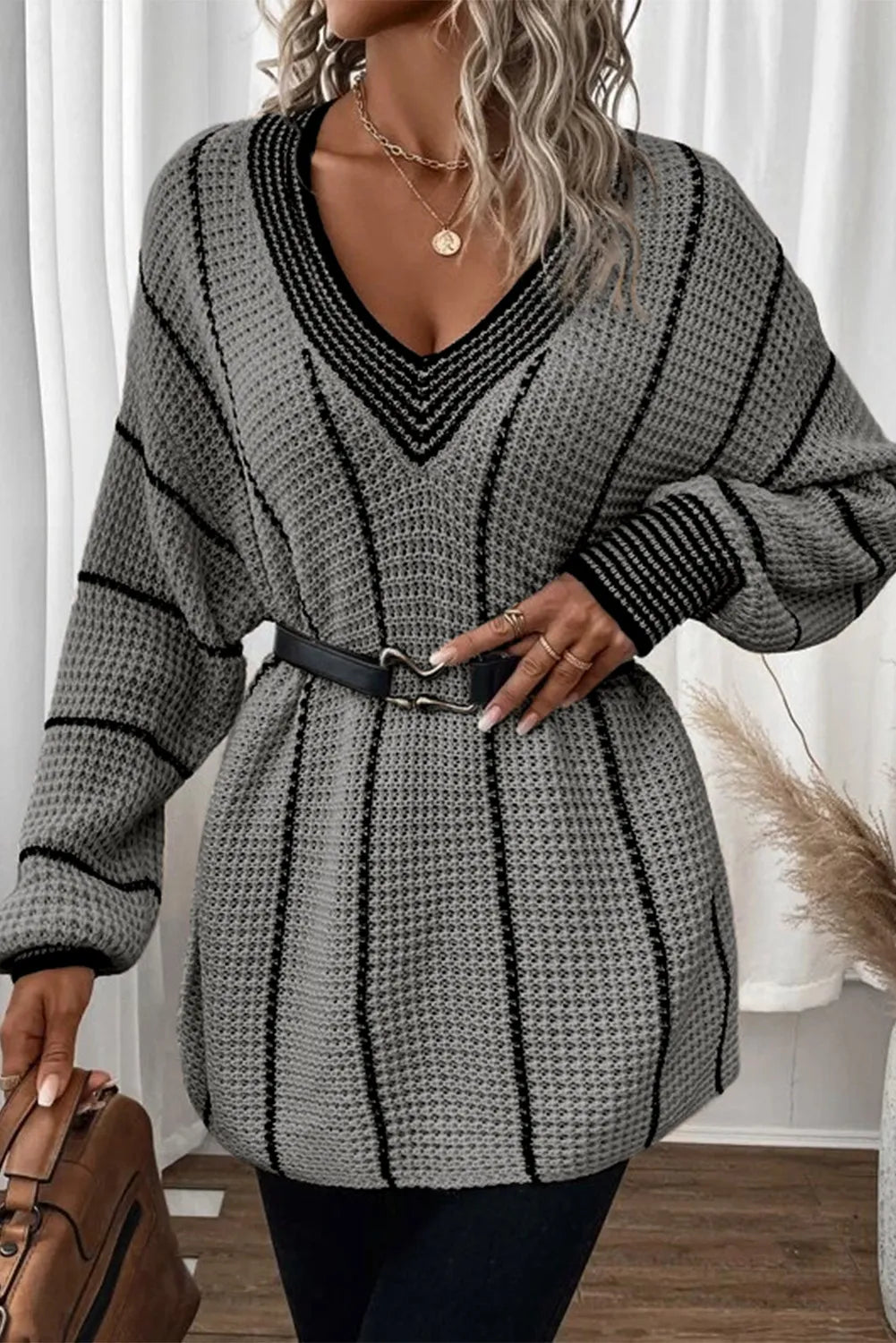 Striped V-Neck Dropped Shoulder Sweater | Maekery Studio