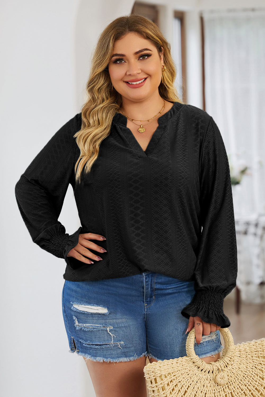 Plus Size Eyelet Notched Flounce Sleeve Blouse | Maekery Studio