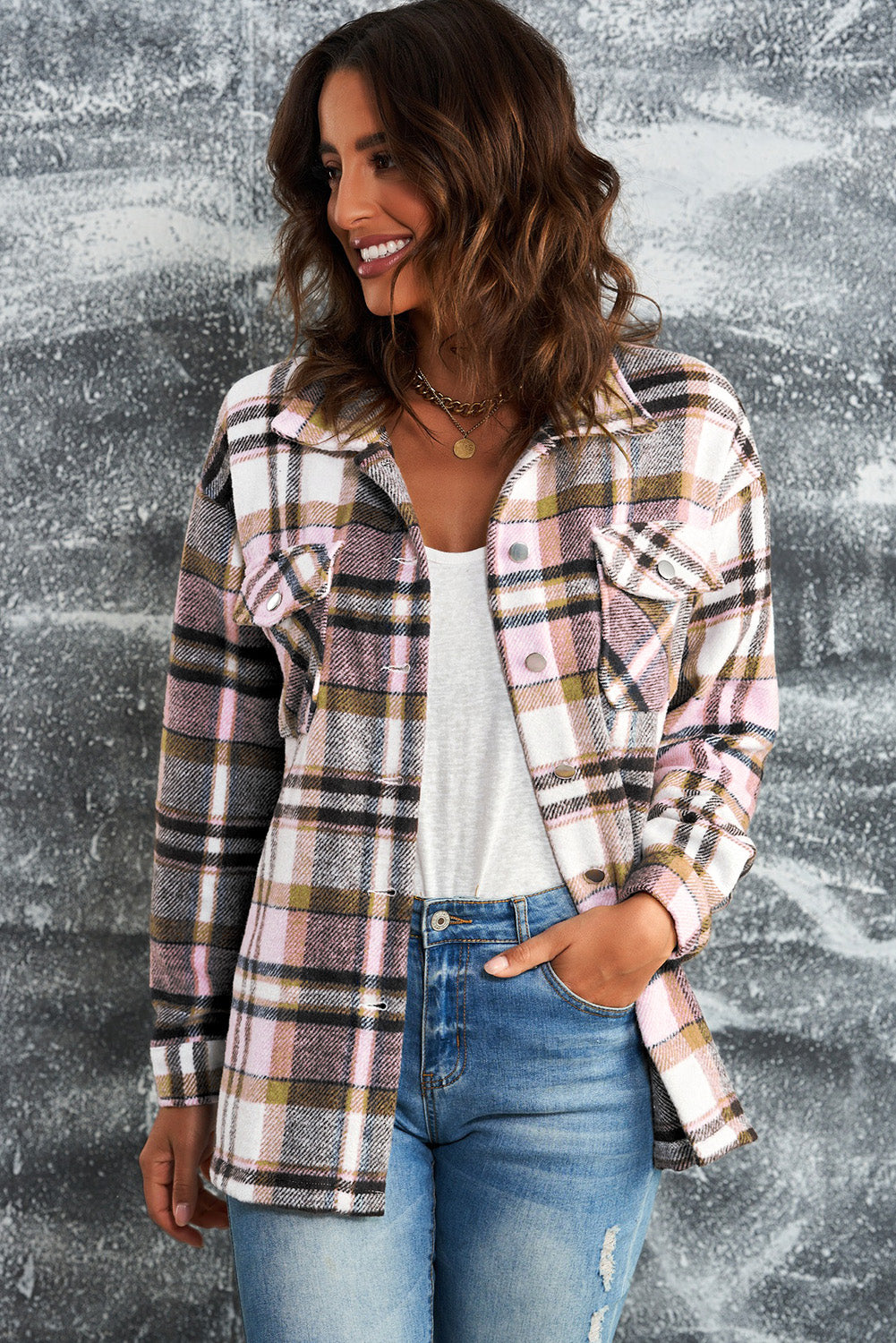 Plaid Button Front Shirt Jacket with Breast Pockets | Maekery Studio