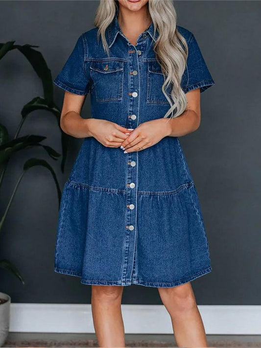 Pocketed Button Up Collared Neck Short Sleeve Denim Dress | Maekery Studio