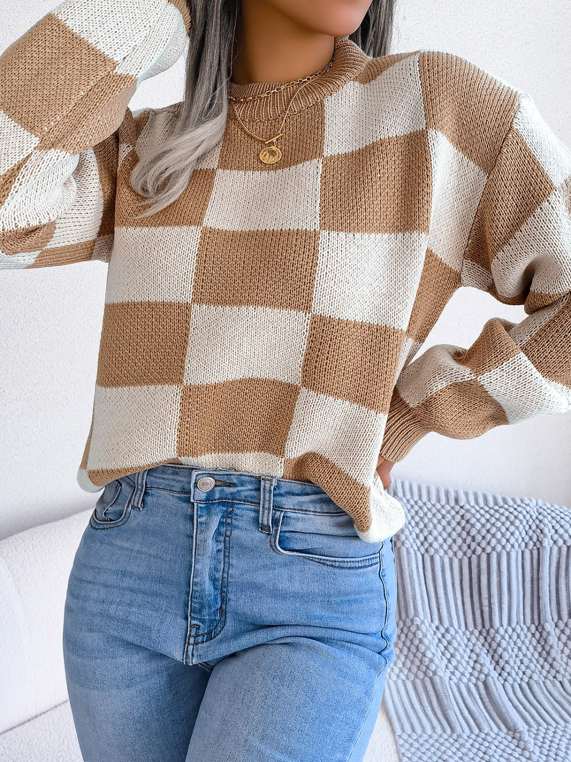 Checkered Mock Neck Long Sleeve Sweater | Maekery Studio