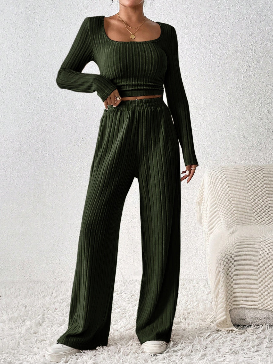 Honey Scoop Neck Long Sleeve Top and Pants Set | Maekery Studio