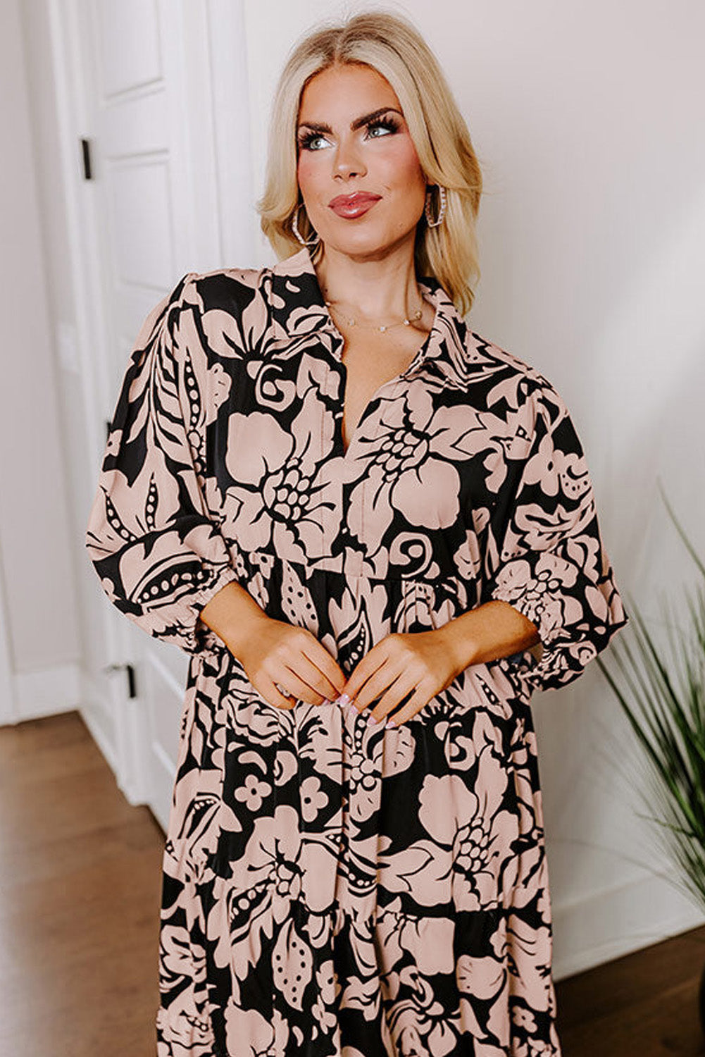 Black Floral Print Puff Sleeve Collared Plus Size Dress | Maekery Studio