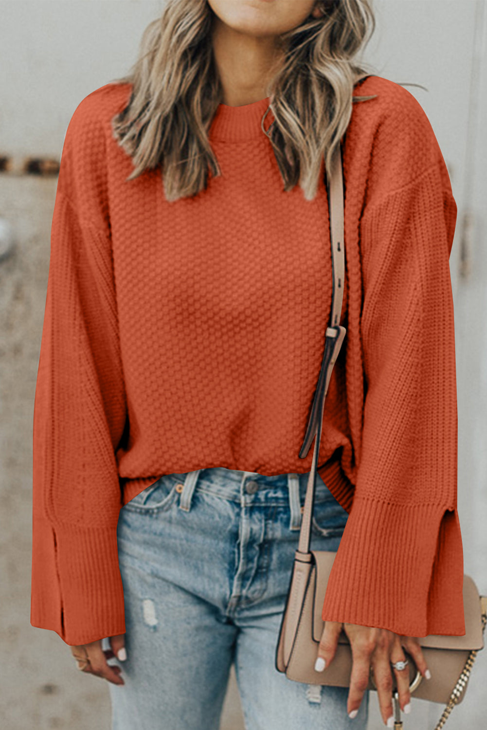 Textured Round Neck Long Sleeve Sweater | Maekery Studio