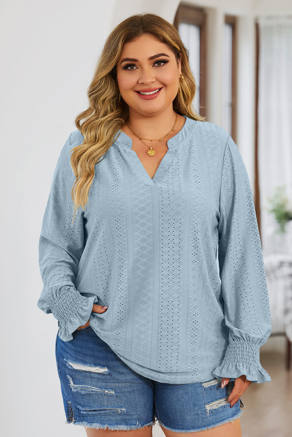 Plus Size Eyelet Notched Flounce Sleeve Blouse | Maekery Studio