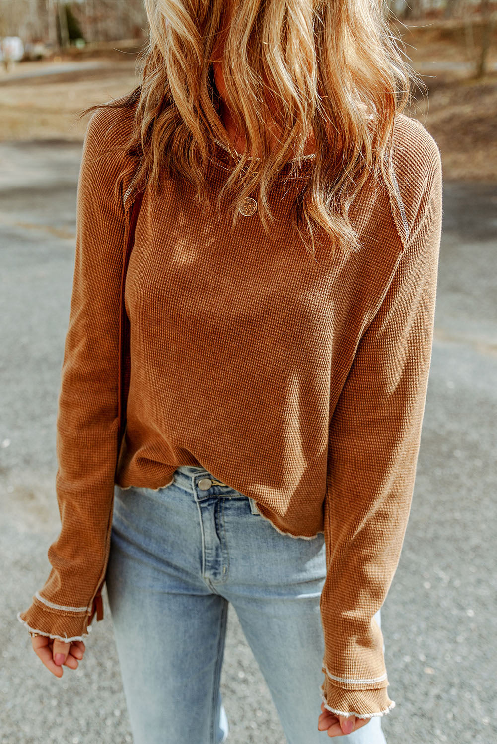 Brown Textured Crewneck Long Sleeve Top