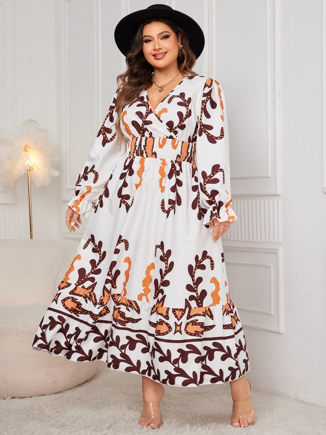 Honey Plus Size Printed Surplice Flounce Sleeve Dress | Maekery Studio