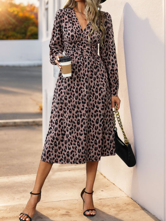 Perfee Leopard Surplice Long Sleeve Midi Dress | Maekery Studio