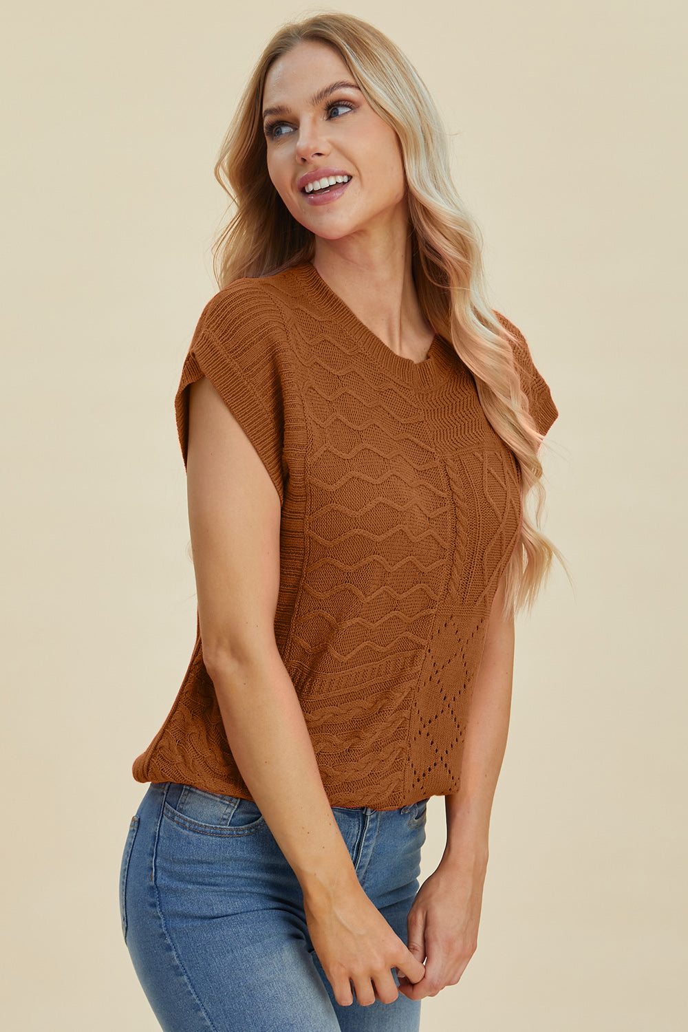 Double Take Full Size Cable-Knit Round Neck Cap Sleeve Sweater | Maekery Studio