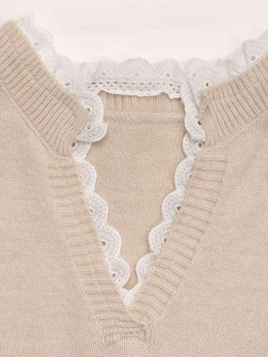 Perfee Lace Detail Notched Long Sleeve Sweater | Maekery Studio