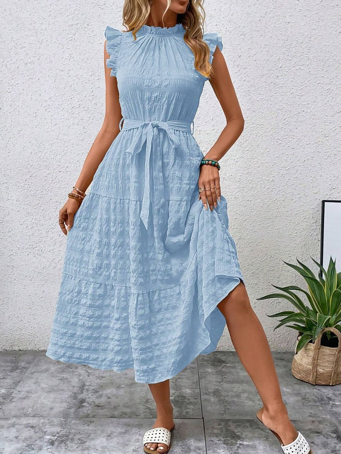 Tied Ruffled Cap Sleeve Midi Dress | Maekery Studio