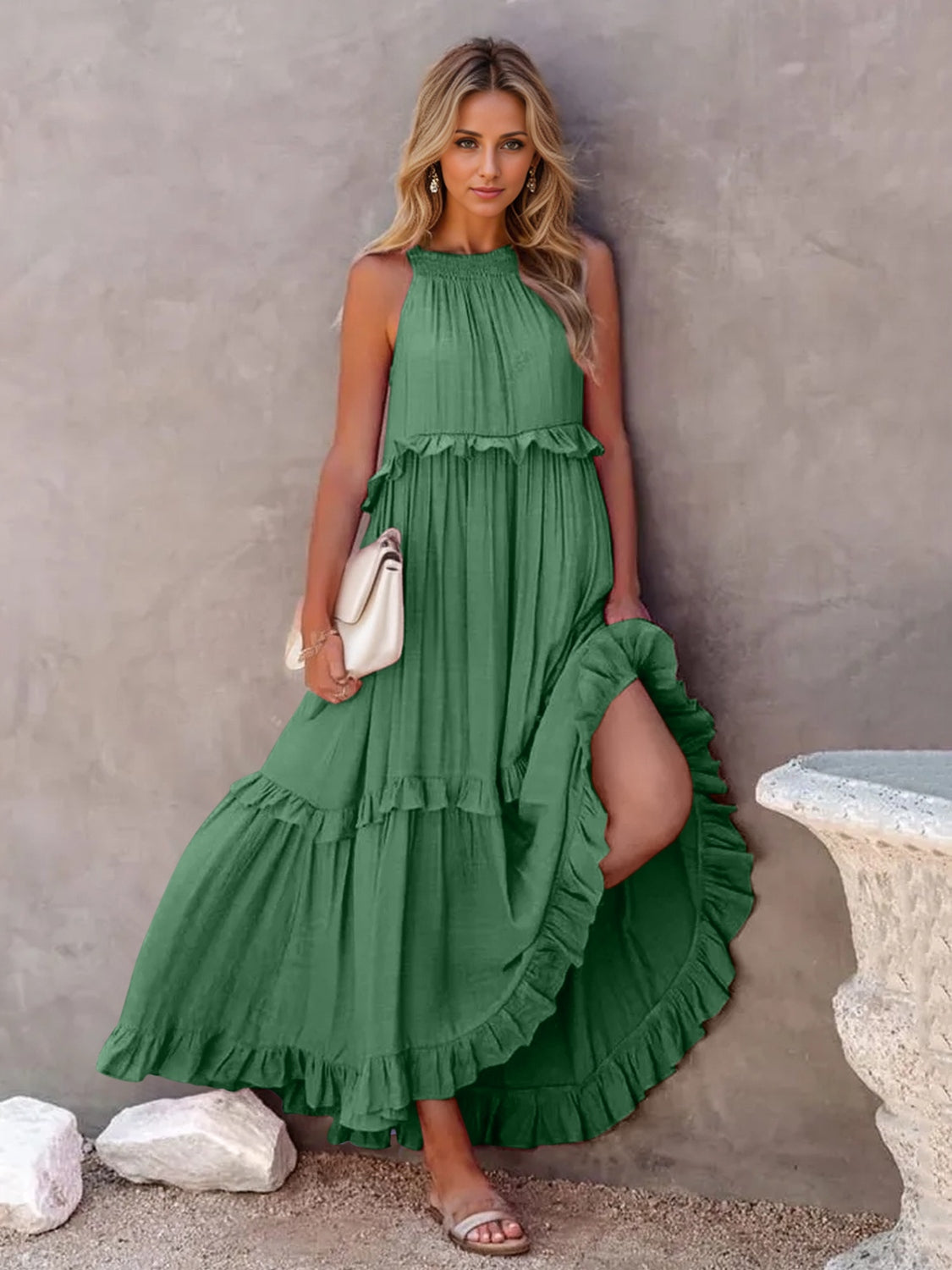 Ruffled Sleeveless Tiered Maxi Dress with Pockets | Maekery Studio