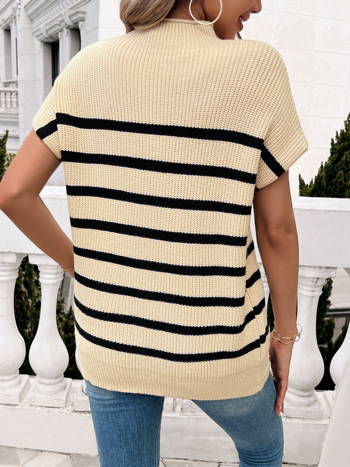 Devine Striped Mock Neck Short Sleeve Sweater | Maekery Studio