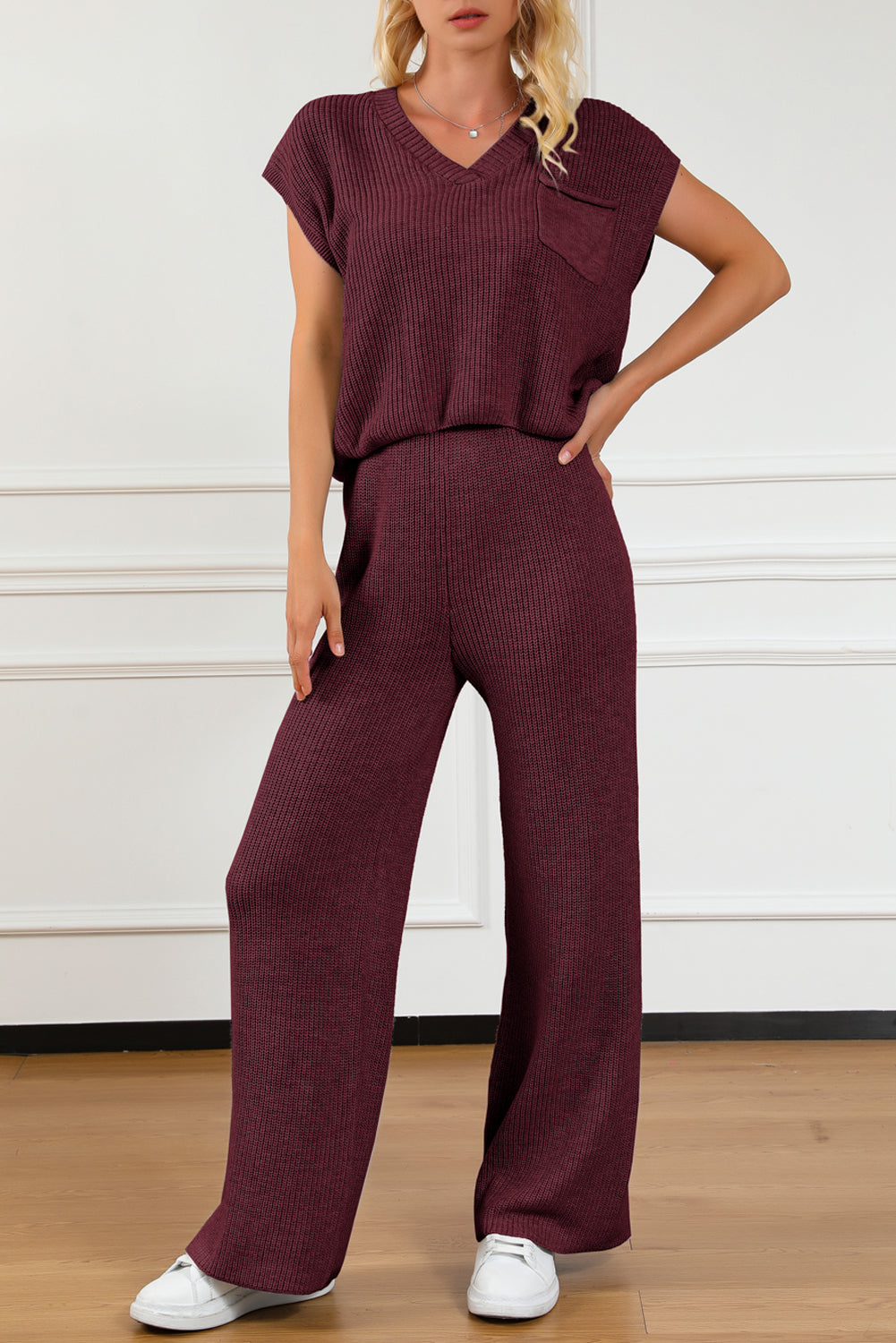 Pocketed V-Neck Top and Wide Leg Sweater Set | Maekery Studio