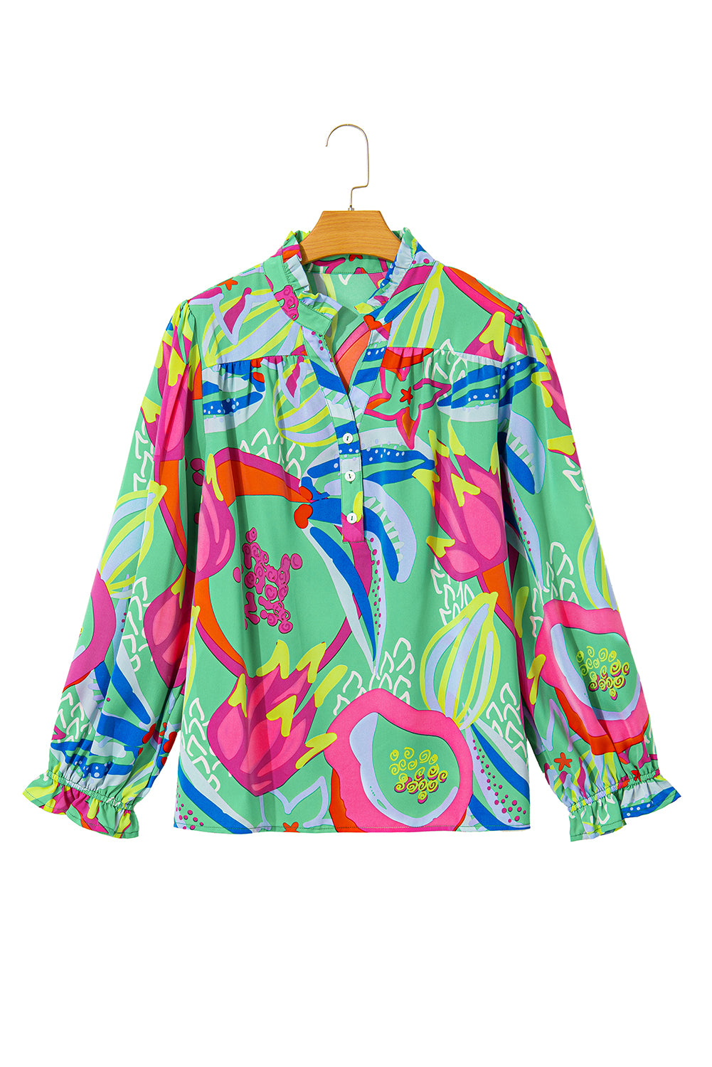 Green Plus Size Abstract Frill V Neck Puff Sleeve Blouse | Maekery Studio