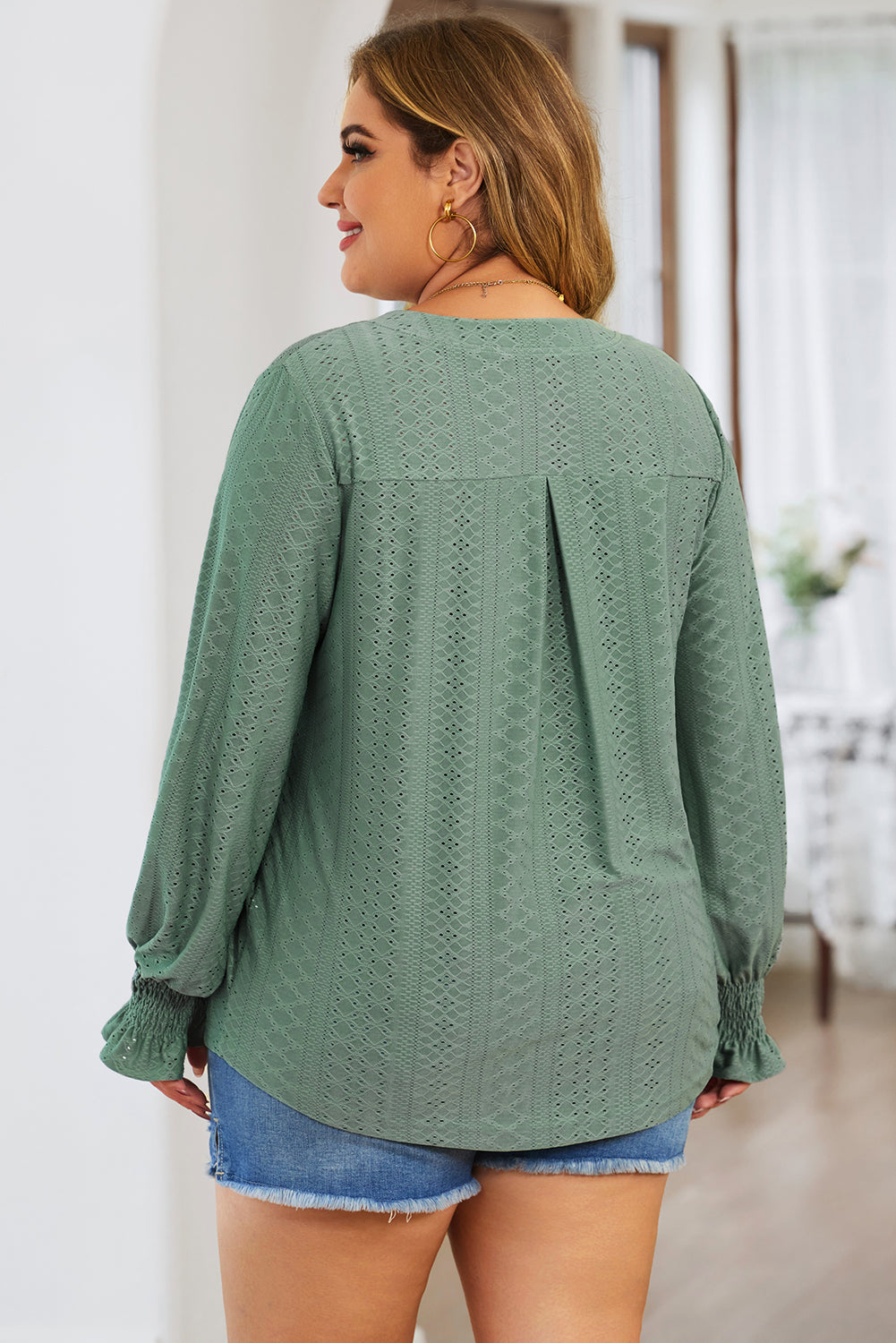 Plus Size Eyelet Notched Flounce Sleeve Blouse | Maekery Studio